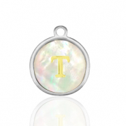 Stainless steel charms 12mm shell initial T White (natural colour)-Silver