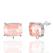 Crystal Glass earrings / earpins with loop rectangle Peach-Silver