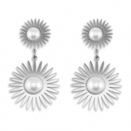 Stainless steel earrings / earpins sun with imitation pearls Silver