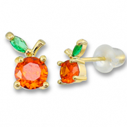 Brass TQ metal earrings / earpins apple Gold-Warm Orange-Green