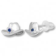 Brass TQ metal earrings / earpins cowboy hat Silver-Dark Blue
