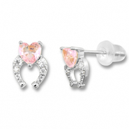 Brass TQ metal earrings / earpins horseshoe with heart Silver-Light Pink