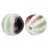 Beads ceramic 11mm with stripes Light Green-Off White-Brown-Blue