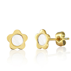 Stainless steel earrings / earpins flower Gold-Pearl White