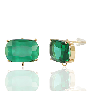 Crystal Glass earrings / earpins with loop rectangle Green-Gold