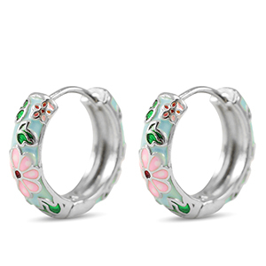 Brass TQ metal creole with enamel flower Silver-Pink Blue