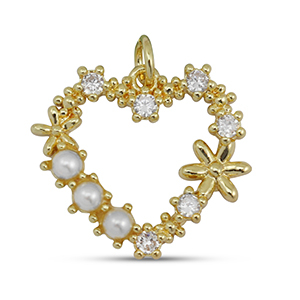 Brass TQ metal charms zirconia heart with pearl Gold-White