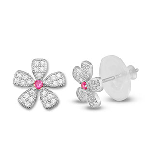 Brass TQ metal earrings / earpins zirconia flower Silver