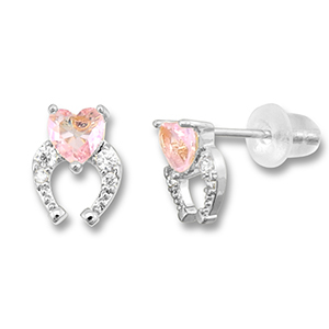 Brass TQ metal earrings / earpins horseshoe with heart Silver-Light Pink