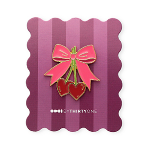 BY31&reg; Pin bow with cherries on card Burgundy Red-Hot Pink-Moss Green-Gold