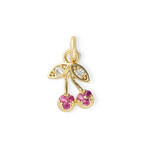 Brass TQ metal charms cherries with rhinestones Gold-Pink-Transparent